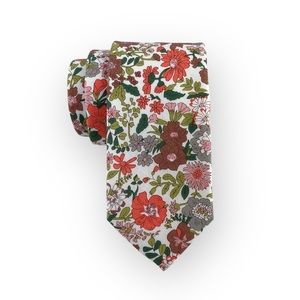 Men’s White w/ Papaya Orange Floral Print Necktie, 2.75” Width Wedding Party Tie